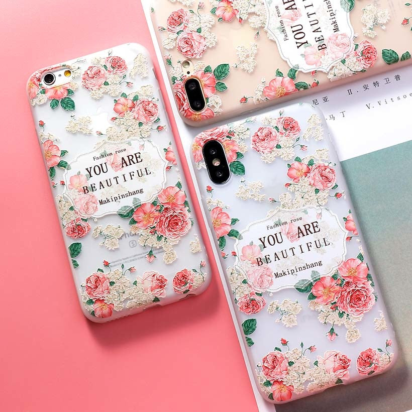 AKABEILA Silicone Patterned Cases For iPhone 5 5s 6 6S Plus 7 7 Plus 8 8 Plus Case For iPhone X Protective Flower Back Cover