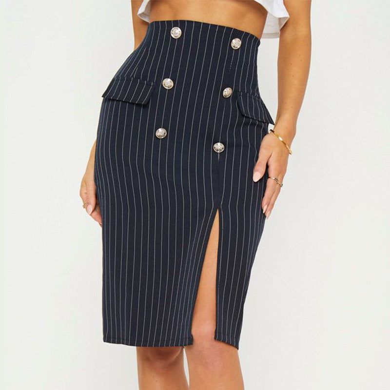 Glamaker Navy stripe split high waist suit sexy skirt midi bodycon skirt Women autumn Party club elegant winter skirt bottom2018