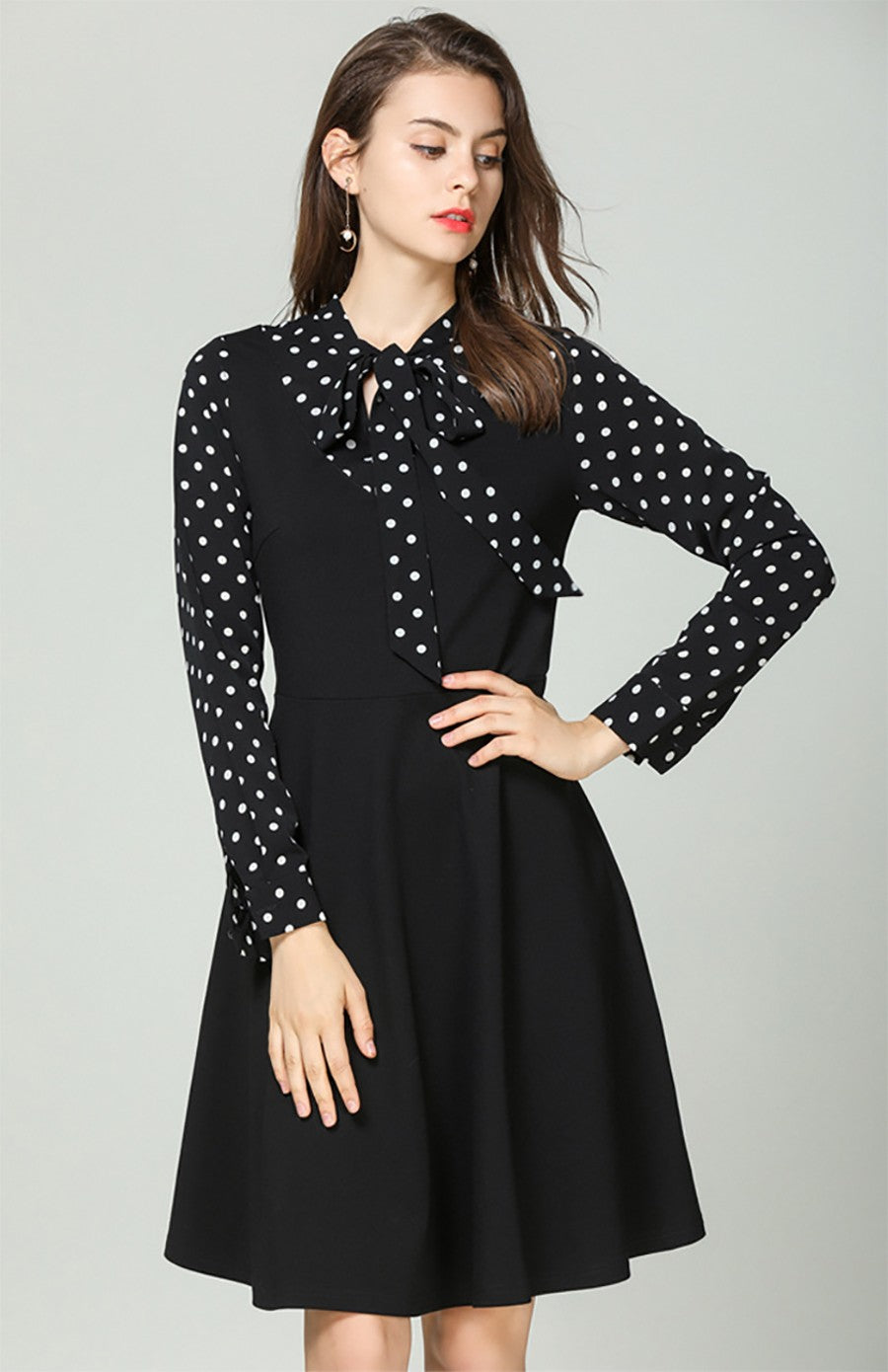 M L XL XXL 3XL 4XL 5XL plus size office new autumn 2018 women dress long sleeve big size black polka dot elegant faux two piece #79122