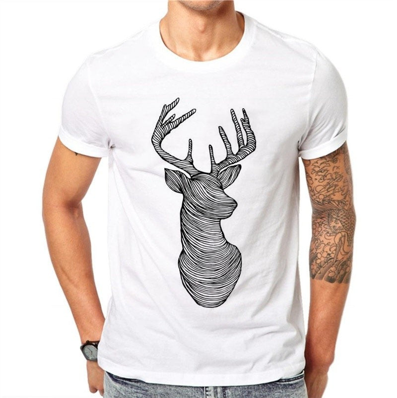 100% Cotton Sketch Elk T-shirts Men Summer Tops Tees Animal Print T Shirt Men O-neck Short Sleeve Fashion Tshirts Plus Size