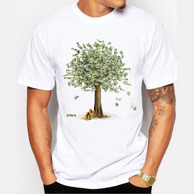 Fashion Summer Money Tree Pattern Summer T-shirt Simple Fashion Men's White Short T-Shirts White